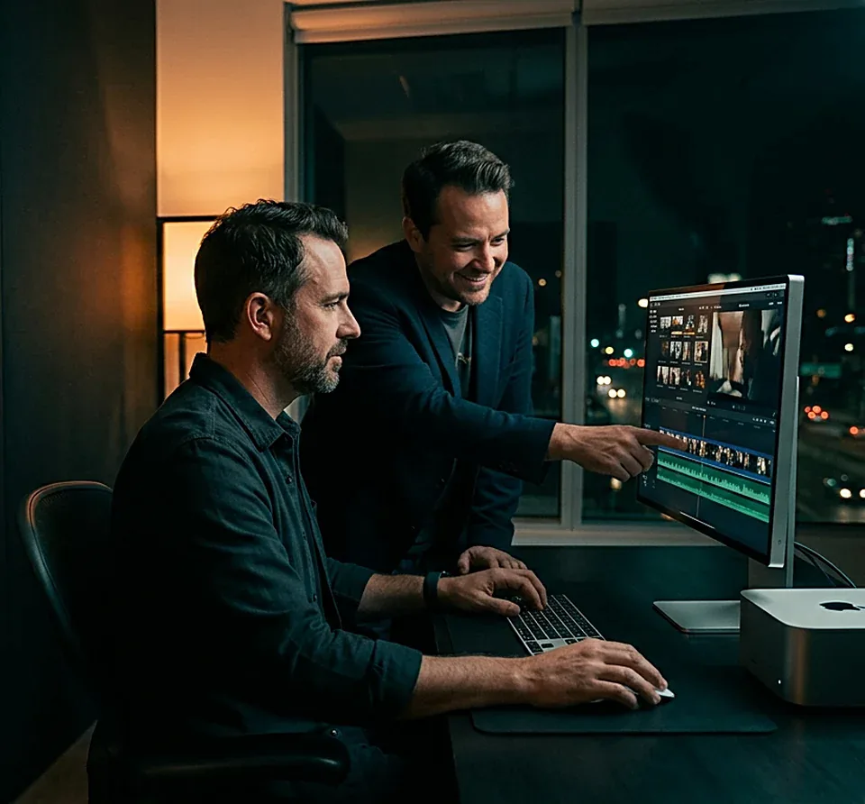 Editor and client cutting a video together at an Apple workstation